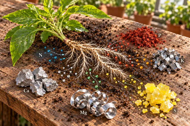 Planta liggur á borði við táknræna framsetningu N, P, K, Ca, Mg og S. Litaðar agnir og örvar sýna næringu berast að fínu rótunum.