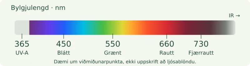 Spectrum bar with reference points at 365 nm (UV-A), 450 nm (blue), 550 nm (green), 660 nm (red) and 730 nm (far-red). Infrared continues to the right.