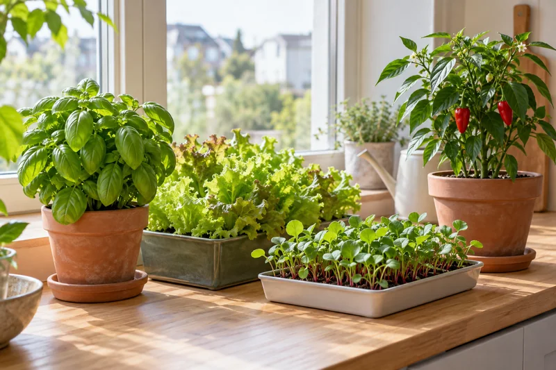 Basilíka, salat, smágrænmeti og paprikuplanta á björtum vinnubekk við glugga.