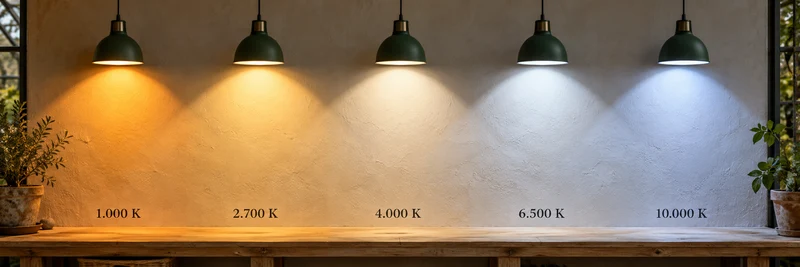 Five lamps shine on the same wall above a wooden bench. The light shifts smoothly from a warm orange hue to neutral white and a cool blue hue, labelled 1000, 2700, 4000, 6500 and 10000 kelvin.