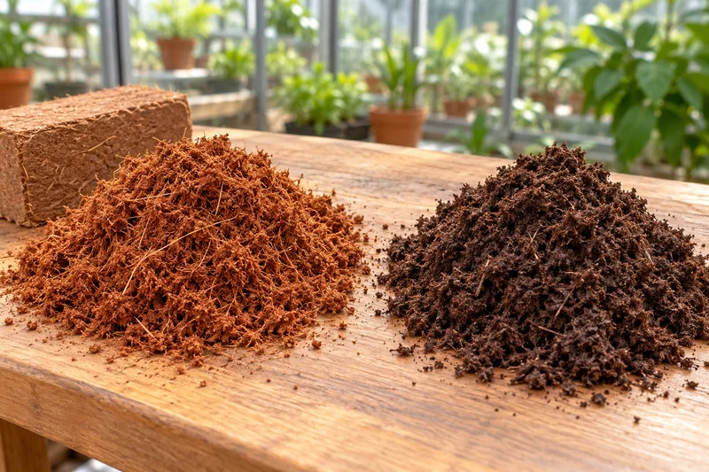 Rauðbrúnar kókostrefjar vinstra megin og dökkur mór hægra megin á vinnubekk. Þjappaður kókoskubbur stendur aftan við lausu trefjarnar.