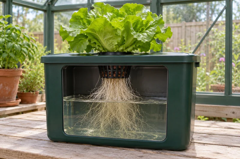 Salat í netapotti yfir næringarlausn; skýringargluggi á Kratky-tanki sýnir loftbil og rætur sem ná niður í vatnið.