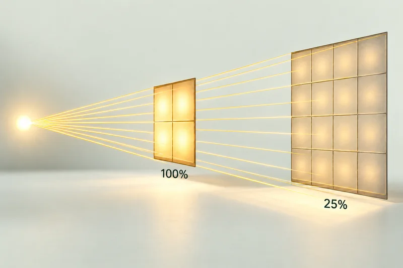 Light spreads from a single small source. The same beam illuminates four squares near the source and sixteen squares at twice the distance; the light on each square falls from 100 per cent to 25 per cent.