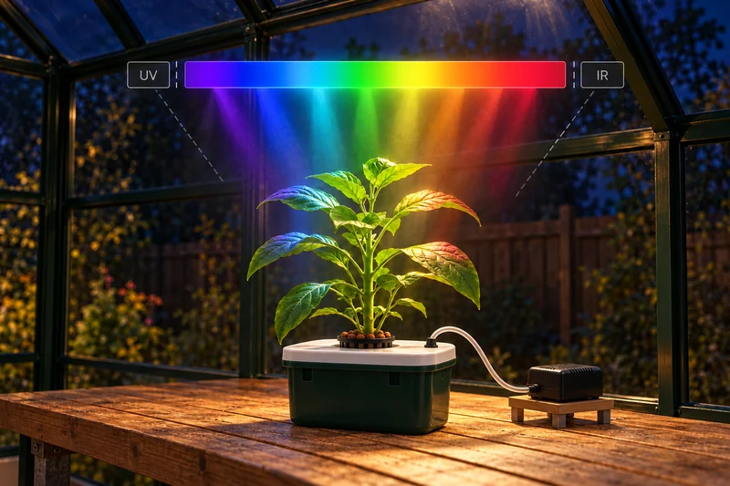 A hydroponic plant under coloured light in the evening; UV and IR are marked outside the visible spectrum.