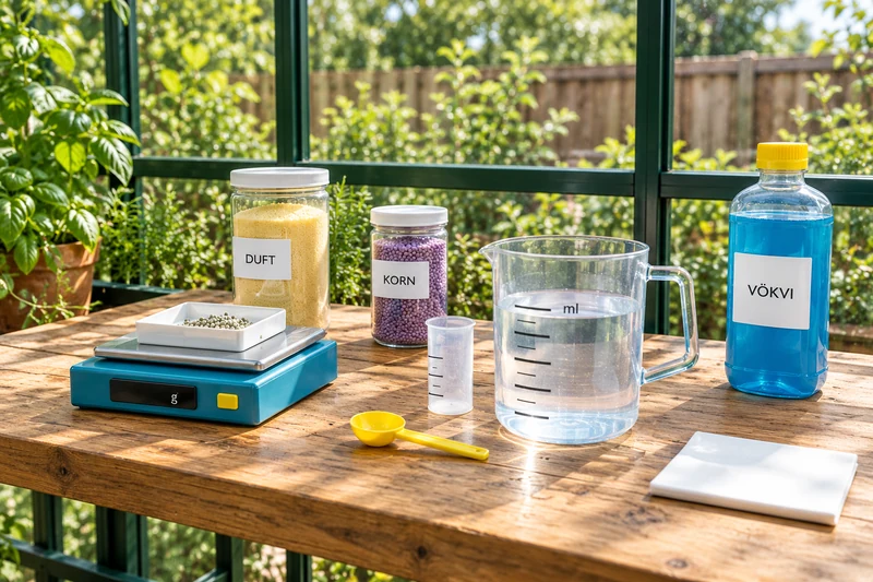 Scales, measuring cylinders and fertiliser in powder, granule and liquid forms on a sunlit greenhouse workbench.