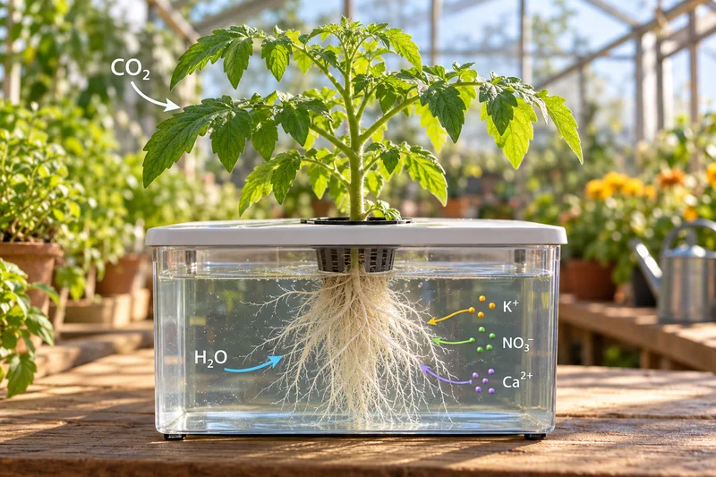 A tomato plant in a transparent growing vessel. Arrows show carbon dioxide going to the leaves, and water, potassium, nitrate and calcium going to the roots.