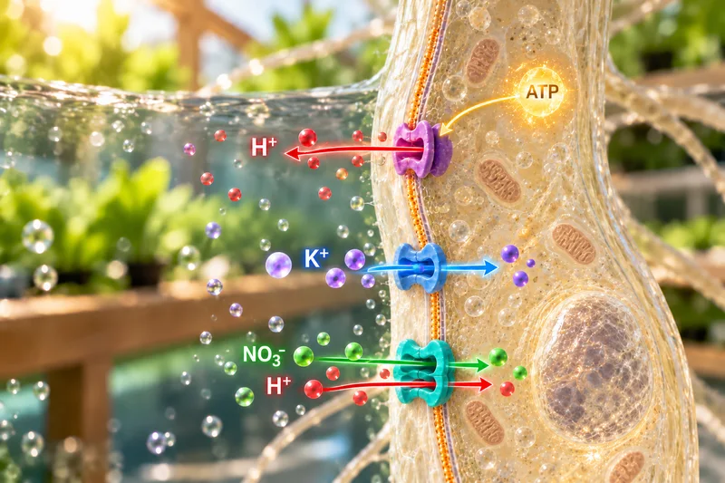 A simplified cross-section at a root cell. ATP powers a pump that moves H⁺ out to the left. K⁺ enters to the right through an ion channel. At the bottom, NO₃⁻ and H⁺ enter together through another transport protein.