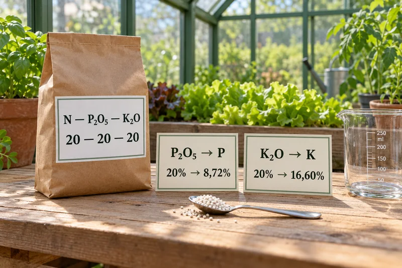 Áburðarpoki merktur 20–20–20 og spjöld sem sýna umbreytingu 20% P₂O₅ í 8,72% P og 20% K₂O í 16,60% K.