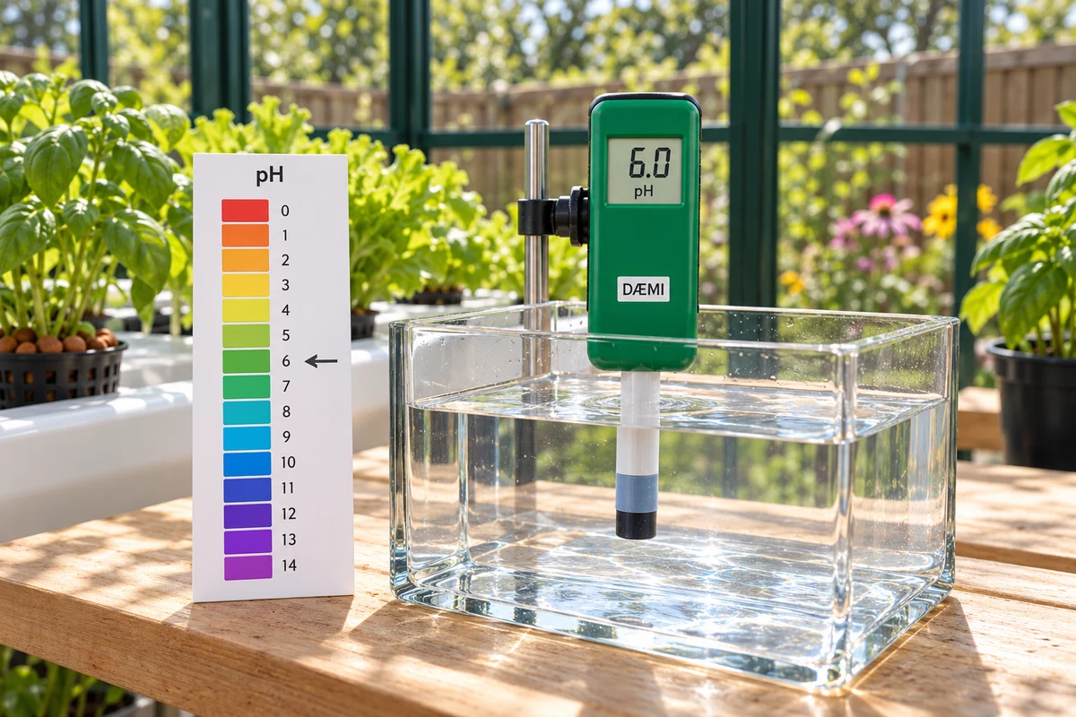 A pH meter with its probe in a clear solution shows pH 6.0, beside a colour scale from 0 to 14.