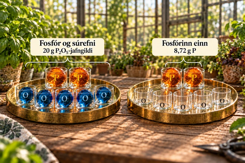 Tveir bakkar sýna sama fosfórmagn. Vinstra megin eru tvær P-kúlur og fimm O-kúlur í glösum, merktar 20 g P₂O₅-jafngildi. Hægra megin eru sömu tvær P-kúlur taldar sem 8,72 g P og O-glösin eru tóm.